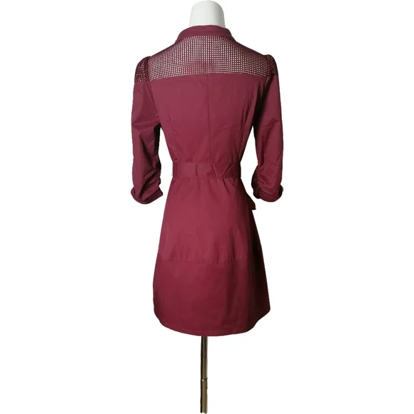 🌰 maroon small stand-up collar 7/10 length sleeves midi dress by MWQR - Picture 3 of 8